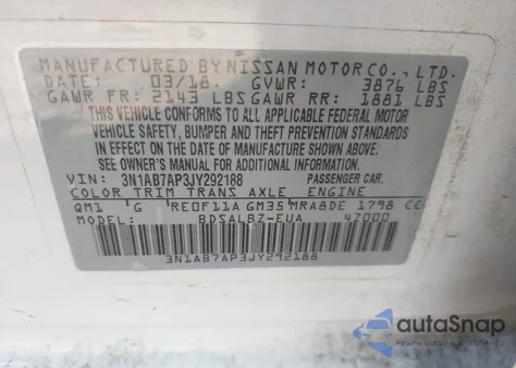 2018 Nissan Sentra S z USA, uszkodzony, nr VIN 3N1AB7AP3JY292188